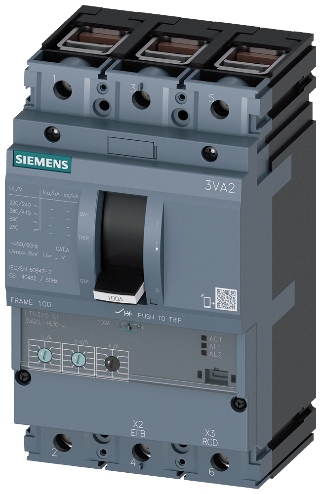 SIEMENS 3VA2040-5HL36-0AA0 circuit breaker 3VA2 IEC frame 100 breaking capacity class M Icu=55kA @ 415V 3-pole, line protection ETU320, LI, In=40A overload protection Ir=16A....