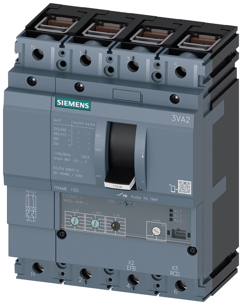 SIEMENS 3VA2025-7HL46-0AA0 circuit breaker 3VA2 IEC frame 100 breaking capacity class C Icu=110kA @ 415V 4-pole, line protection ETU320, LI, In=25A overload protection Ir=10A...