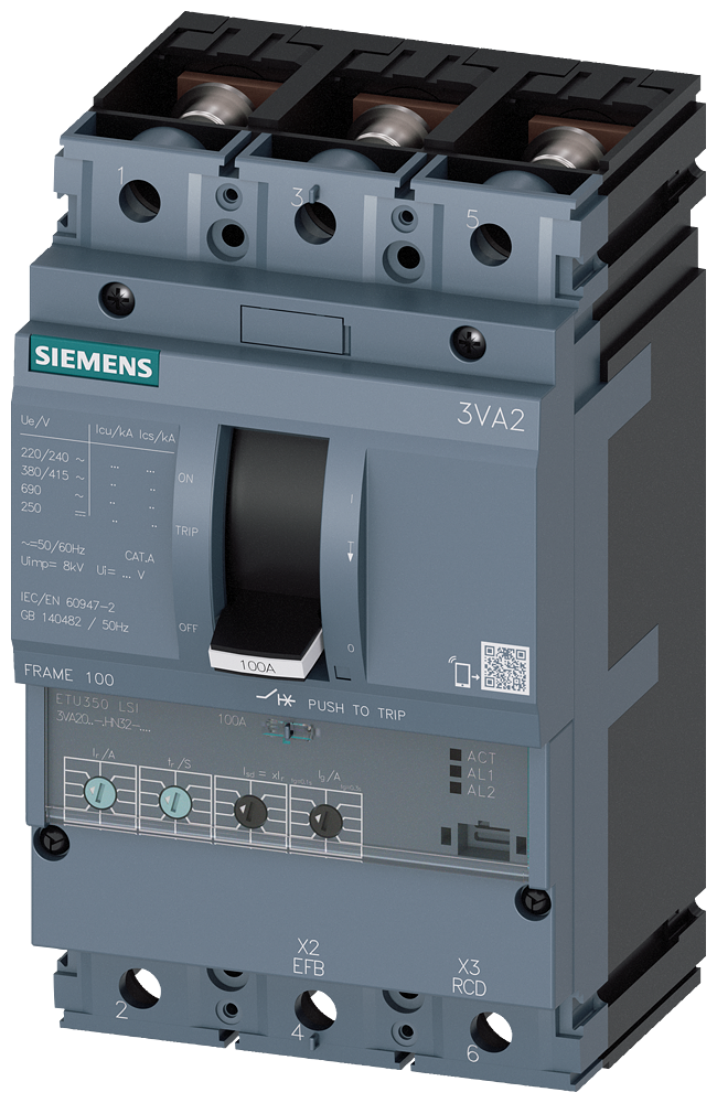 SIEMENS 3VA2010-5HN32-0AA0 circuit breaker 3VA2 IEC frame 100 breaking capacity class M Icu=55kA @ 415V 3-pole, line protection ETU350, LSI, In=100A overload protection Ir=40...