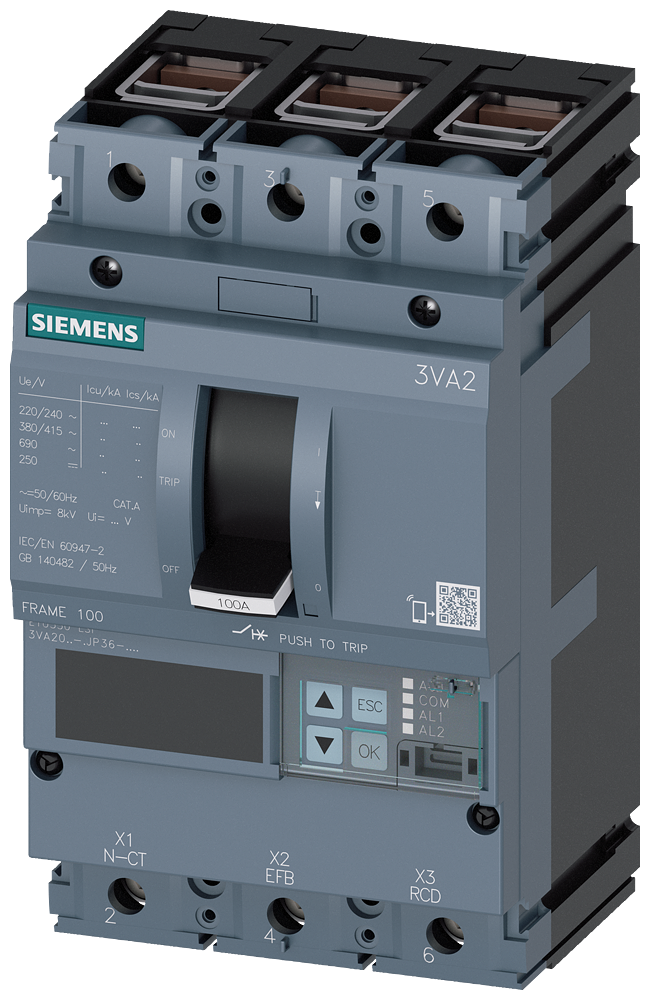 SIEMENS 3VA2010-5JP36-0AA0 circuit breaker 3VA2 IEC frame 100 breaking capacity class M Icu=55kA @ 415V 3-pole, line protection ETU550, LSI, In=100A overload protection Ir=40...