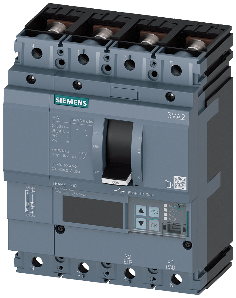 SIEMENS 3VA2010-5JP42-0AA0 circuit breaker 3VA2 IEC frame 100 breaking capacity class M Icu=55kA @ 415V 4-pole, line protection ETU550, LSI, In=100A overload protection Ir=40...