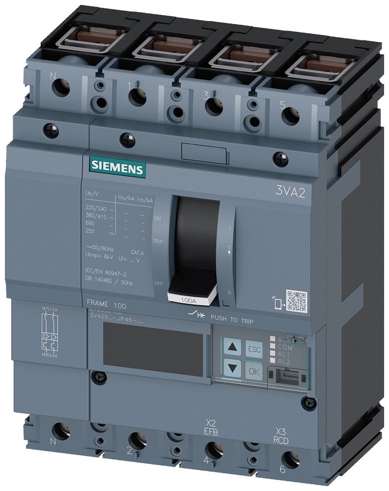 SIEMENS 3VA2010-5JP46-0AA0 circuit breaker 3VA2 IEC frame 100 breaking capacity class M Icu=55kA @ 415V 4-pole, line protection ETU550, LSI, In=100A overload protection Ir=40...
