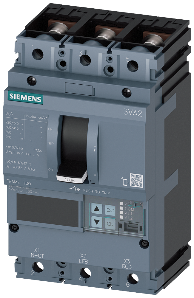 SIEMENS 3VA2010-5JQ32-0AA0 circuit breaker 3VA2 IEC frame 100 breaking capacity class M Icu=55kA @ 415V 3-pole, line protection ETU560, LSIG, In=100A overload protection Ir=4...