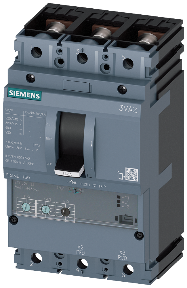SIEMENS 3VA2163-7HL32-0AA0 circuit breaker 3VA2 IEC frame 160 breaking capacity class C Icu=110kA @ 415V 3-pole, line protection ETU320, LI, In=63A overload protection Ir=25A...