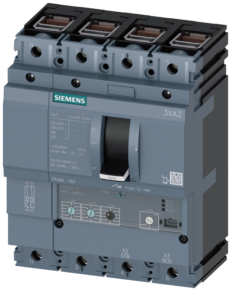 SIEMENS 3VA2116-5HL46-0AA0 circuit breaker 3VA2 IEC frame 160 breaking capacity class M Icu=55kA @ 415V 4-pole, line protection ETU320, LI, In=160A overload protection Ir=63A...