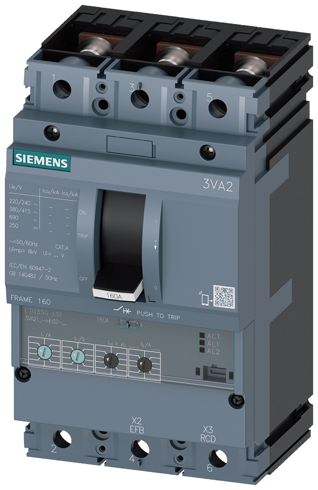 SIEMENS 3VA2116-5HN32-0AA0 circuit breaker 3VA2 IEC frame 160 breaking capacity class M Icu=55kA @ 415V 3-pole, line protection ETU350, LSI, In=160A overload protection Ir=63...