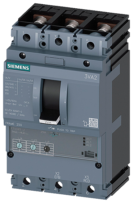 SIEMENS 3VA2216-5HL32-0AA0 circuit breaker 3VA2 IEC frame 250 breaking capacity class M Icu=55kA @ 415V 3-pole, line protection ETU320, LI, In=160A overload protection Ir=63A...