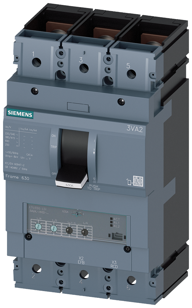 SIEMENS 3VA2463-5HN32-0AA0 circuit breaker 3VA2 IEC frame 630 breaking capacity class M Icu=55kA @ 415V 3-pole, line protection ETU350, LSI, In=630A overload protection Ir=25...
