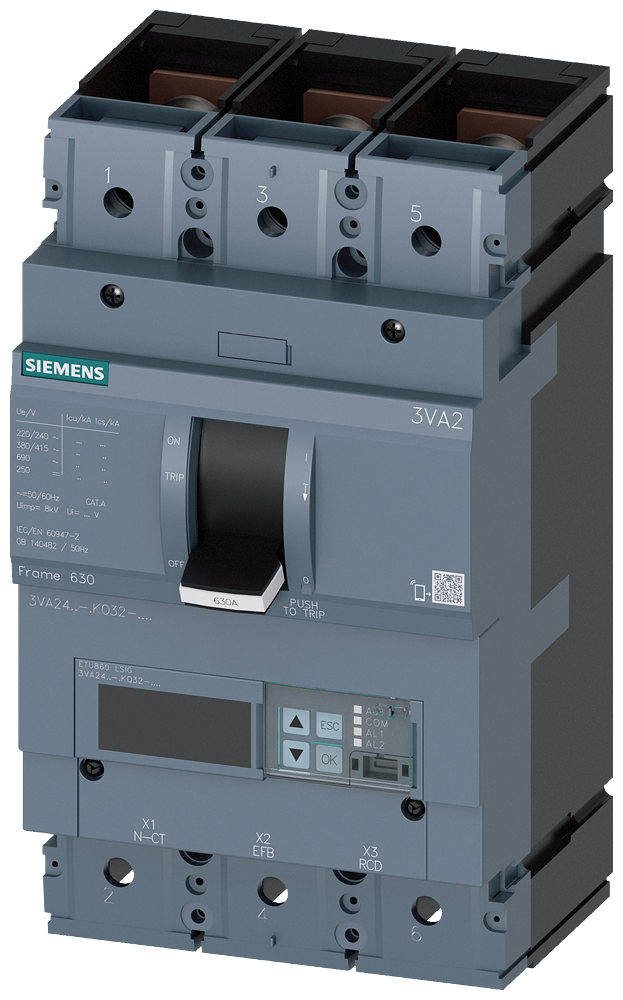 SIEMENS 3VA2463-5KQ32-0AA0 circuit breaker 3VA2 IEC frame 630 breaking capacity class M Icu=55kA @ 415V 3-pole, line protection ETU860, LSIG, In=630A overload protection Ir=2...