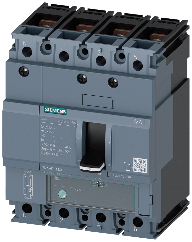 SIEMENS 3VA1110-5EE42-0AA0 Circuit breaker 3VA1 IEC frame 160 breaking capacity class M Icu=55 kA @ 415 V