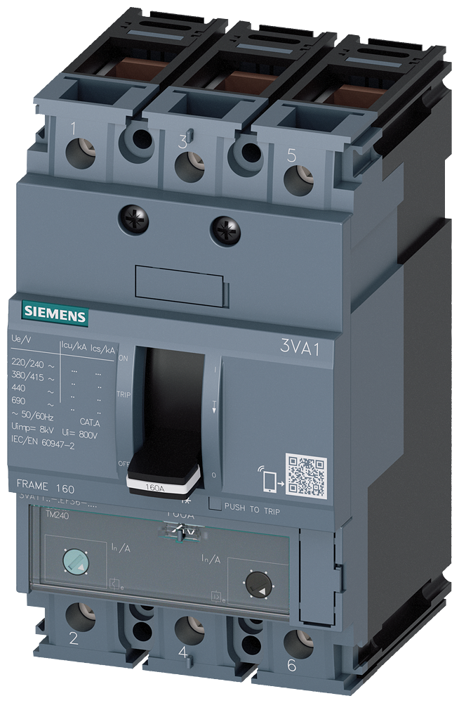 SIEMENS 3VA1163-6EF36-0AA0 Circuit breaker 3VA1 IEC frame 160 breaking capacity class H Icu=70 kA @ 415 V
