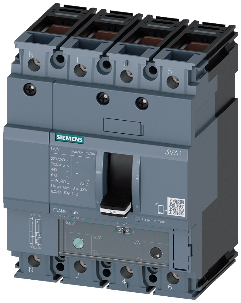 SIEMENS 3VA1110-3EF46-0AA0 Circuit breaker 3VA1 IEC frame 160 breaking capacity class N Icu=25 kA @ 415 V