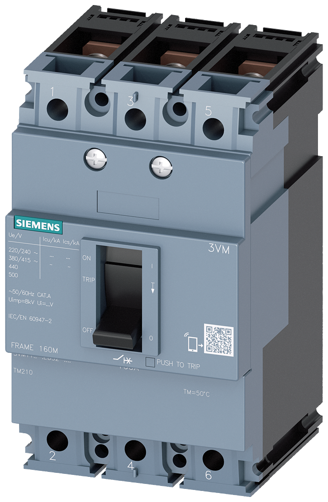 SIEMENS 3VM1110-3ED32-0AA0 circuit breaker 3VM1 IEC frame 160 breaking capacity class N Icu=25kA @ 415V 3-pole, line protection TM210, FTFM, In=100A overload protection Ir=10...