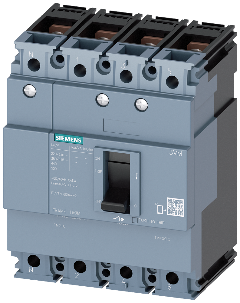 SIEMENS 3VM1110-3ED42-0AA0 circuit breaker 3VM1 IEC frame 160 breaking capacity class N Icu=25kA @ 415V 4-pole, line protection TM210, FTFM, In=100A overload protection Ir=10...