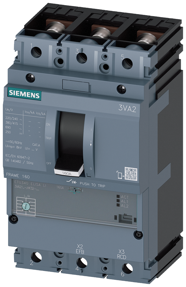 SIEMENS 3VA2125-5HK32-0AA0 circuit breaker 3VA2 IEC frame 160 breaking capacity class M Icu=55kA @ 415V 3-pole, line protection ETU340, ELISA LI, In=25A overload protection I...
