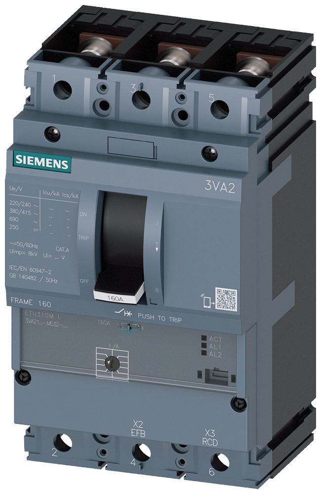 SIEMENS 3VA2163-7MS32-0AA0 circuit breaker 3VA2 IEC frame 160 breaking capacity class C Icu=110kA @ 415V 3-pole, starter protection ETU310M, I, In=63A without overload protec...