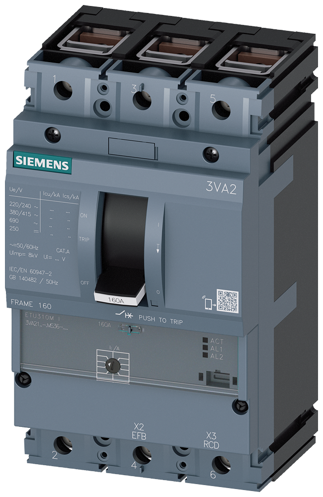SIEMENS 3VA2163-7MS36-0AA0 circuit breaker 3VA2 IEC frame 160 breaking capacity class C Icu=110kA @ 415V 3-pole, starter protection ETU310M, I, In=63A without overload protec...