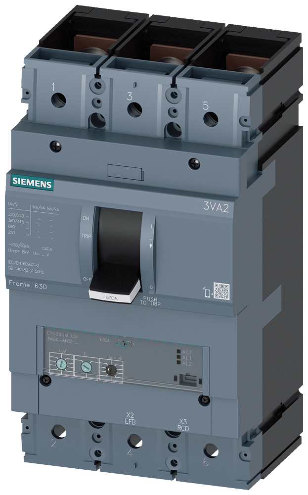 SIEMENS 3VA2440-7MN32-0AA0 circuit breaker 3VA2 IEC frame 630 breaking capacity class C Icu=110kA @ 415V 3-pole, motor protection ETU350M, LSI, In=400A overload protection Ir...