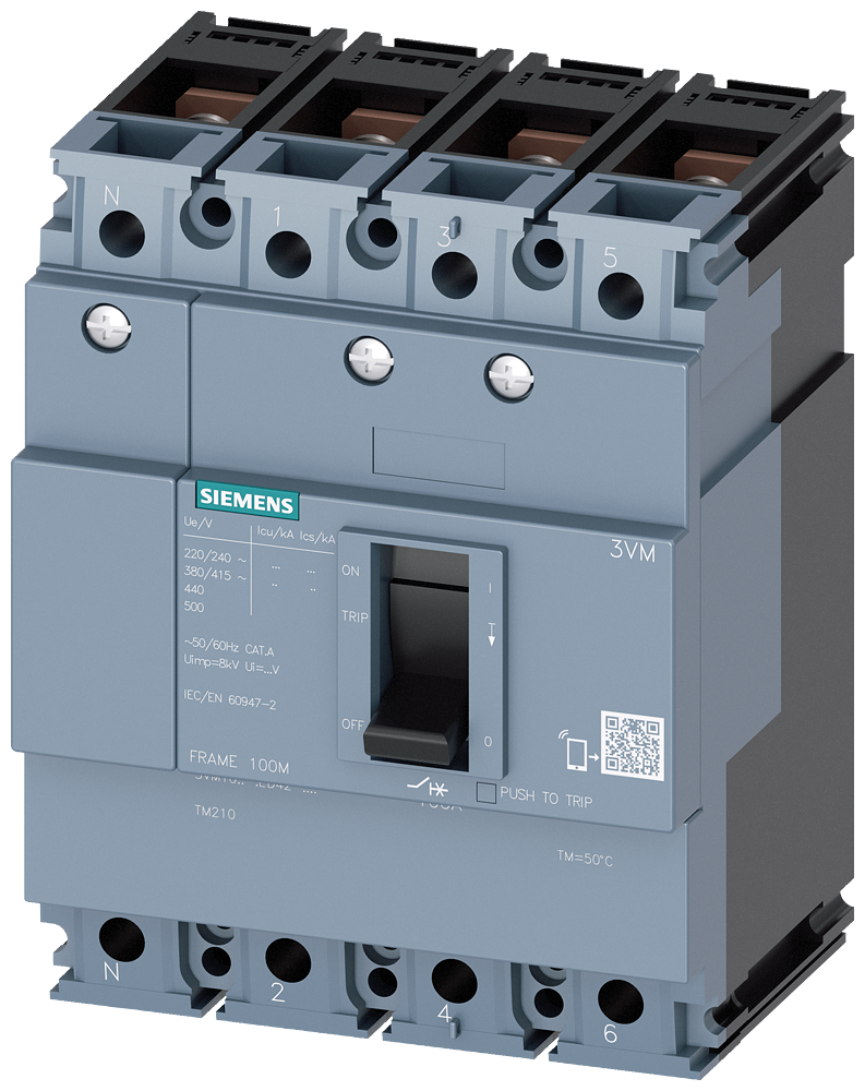 SIEMENS 3VM1080-2ED42-0AA0 circuit breaker 3VM1 IEC frame 100 breaking capacity class B Icu=16kA @ 415V 4-pole, line protection TM210, FTFM, In=80A overload protection Ir=80A...