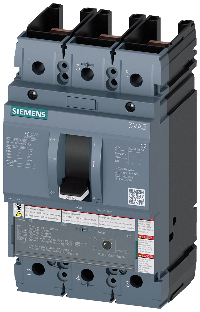SIEMENS 3VA5220-5EC31-0AA0 Circuit breaker 3VA5 UL frame 250 breaking capacity class M 35 kA @ 480 V 3-pole