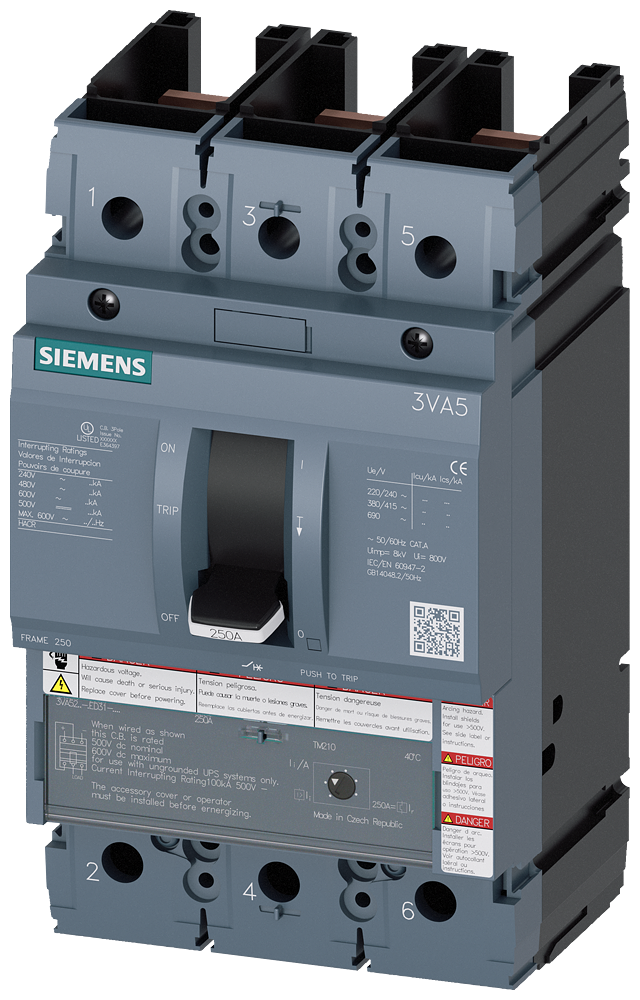 SIEMENS 3VA5225-6ED31-0AA0 Circuit breaker 3VA5 UL frame 250 breaking capacity class H 65 kA @ 480 V 3-pole