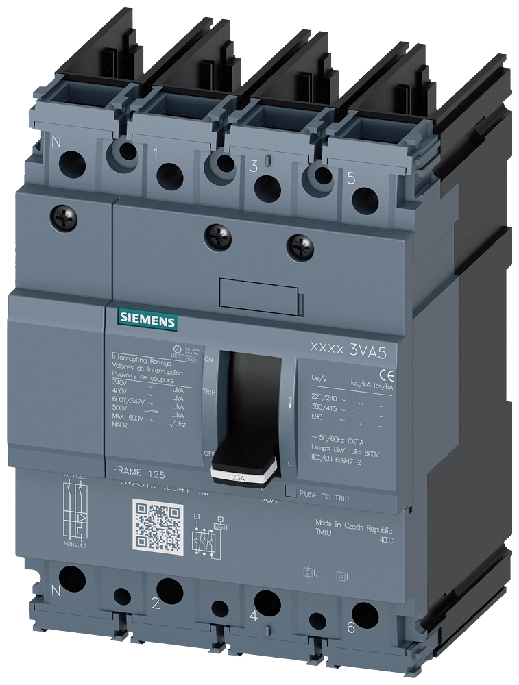 SIEMENS 3VA5160-5ED41-0AA0 Circuit breaker 3VA5 UL frame 125 breaking capacity class M 35 kA @ 480 V 4-pole