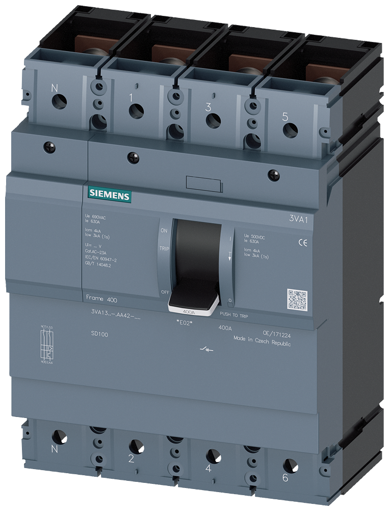 SIEMENS 3VA1340-1AA42-0AA0 Switch disconnector 3VA1 IEC frame 400 4-pole SD100, In=400 A without overload protection