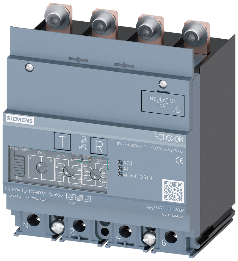 SIEMENS 3VA91140RL21 Residual current device RCD520B basic RCD type B or B+ mounted below