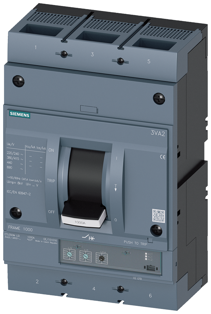 SIEMENS 3VA2563-5MN32-0AA0 circuit breaker 3VA2 IEC frame 1000 breaking capacity class M Icu=55kA @ 415V 3-pole, motor protection ETU350M, LSI, In=630A overload protection Ir...