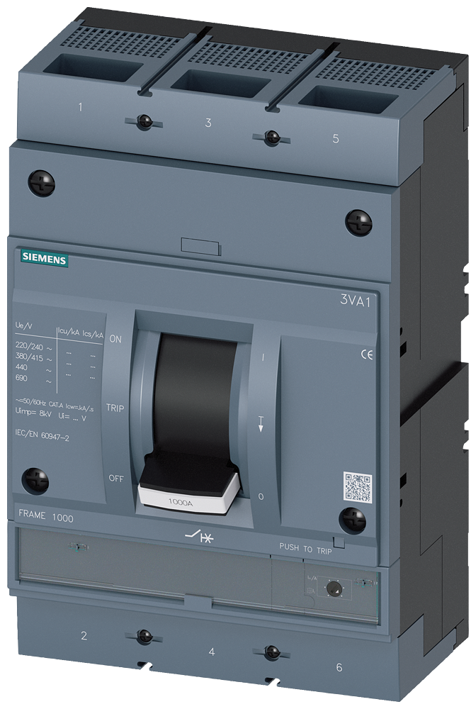 SIEMENS 3VA1563-7MH32-0AA0 Circuit breaker 3VA1 IEC frame 1000 breaking capacity class C Icu=110 kA @ 415 V