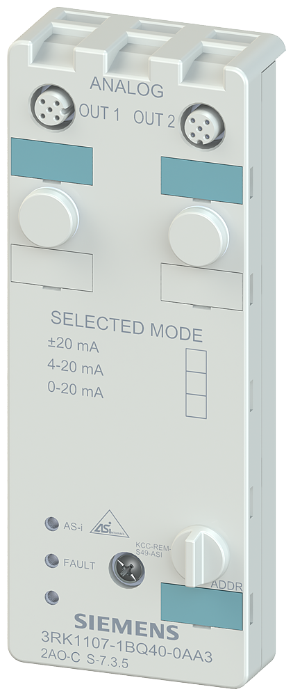 SIEMENS 3RK1107-1BQ40-0AA3 AS-i compact module, IP67 analog, 2 AQ, number format S7, 2x1 output (M12), 4-20 mA