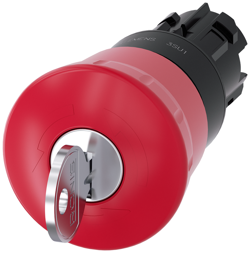 SIEMENS 3SU1000-1HF20-0AA0 Emergency stop mushroom pushbutton, 22 mm, round, plastic, red, with RONIS lock