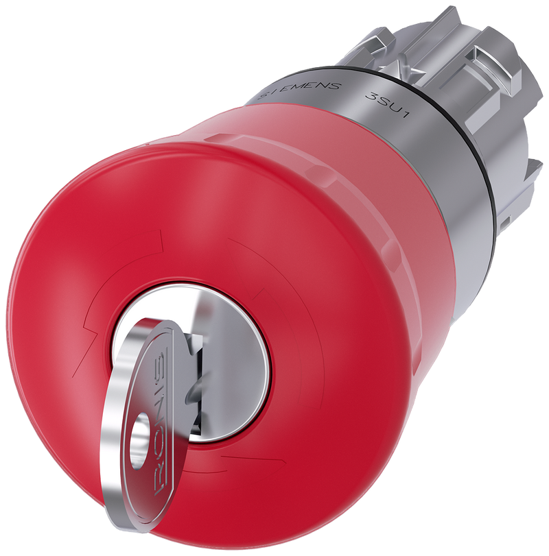 SIEMENS 3SU1050-1HH20-0AA0 Emergency stop mushroom pushbutton, 22 mm, round, metal, high gloss, red, with RONIS lock