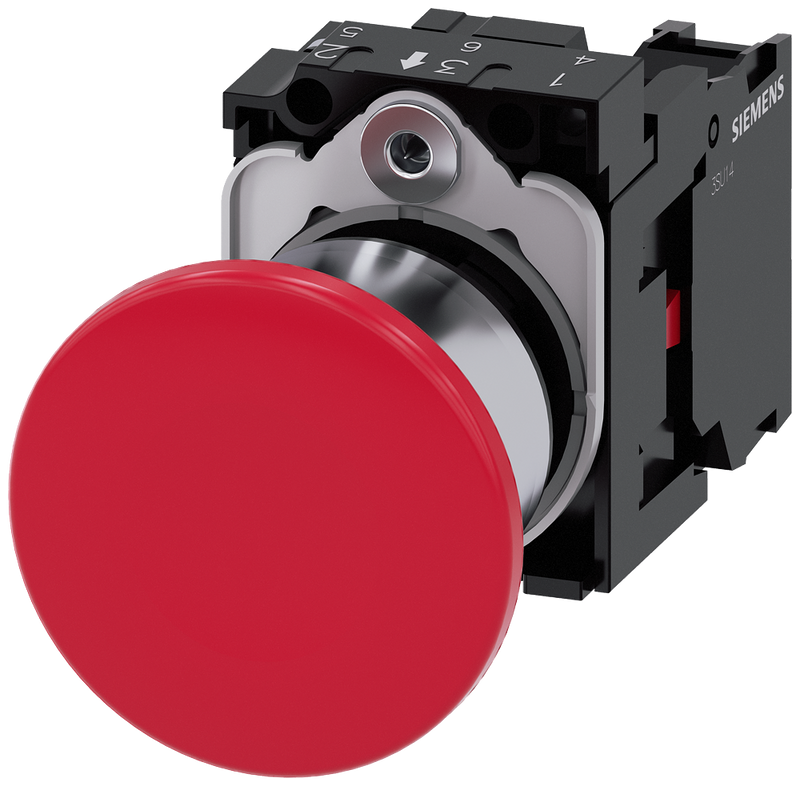 SIEMENS 3SU1150-1BA20-1CA0 Mushroom pushbutton, 22 mm, round, metal, high gloss, red, 1 NC