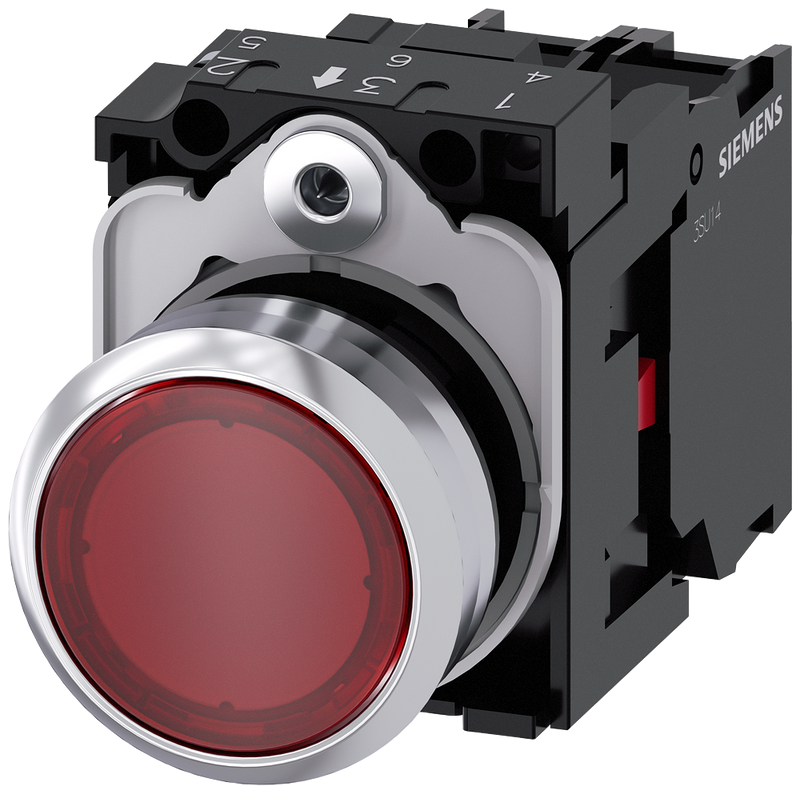 SIEMENS 3SU1152-0AB20-1CA0 Pushbutton, illuminated, 22 mm, round, metal, high gloss, red, button, 1 NC