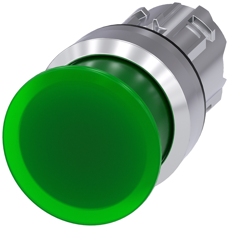 SIEMENS 3SU1051-1AD40-0AA0 Mushroom pushbutton, illuminated, 22 mm, round, metal, high gloss, green, 30 mm