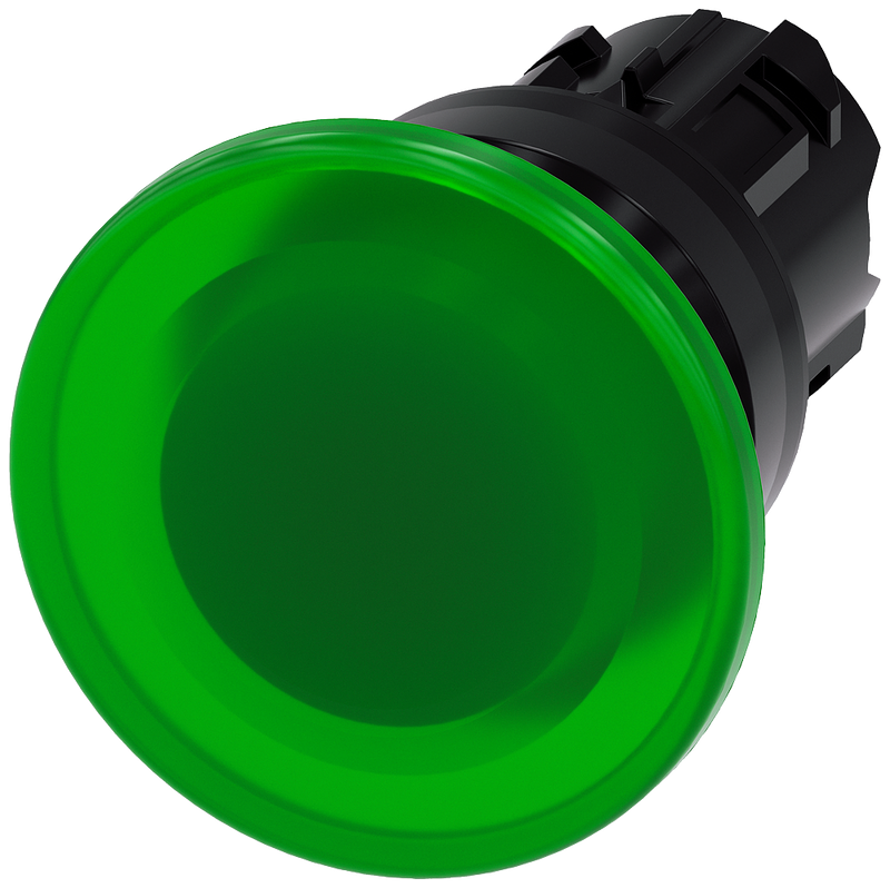 SIEMENS 3SU1001-1BD40-0AA0 Mushroom pushbutton, illuminated, 22 mm, round, plastic, green, 40 mm