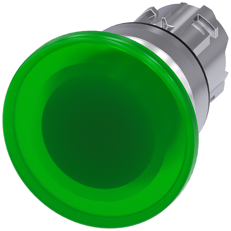 SIEMENS 3SU1051-1BD40-0AA0 Mushroom pushbutton, illuminated, 22 mm, round, metal, high gloss, green, 40 mm