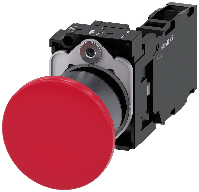 SIEMENS 3SU1130-1BA20-1FA0 Mushroom pushbutton, 22 mm, round, plastic with metal front ring, red, 1 NO + 1 NC