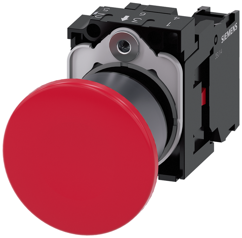 SIEMENS 3SU1130-1BA20-1CA0 Mushroom pushbutton, 22 mm, round, plastic with metal front ring, red, 1 NC