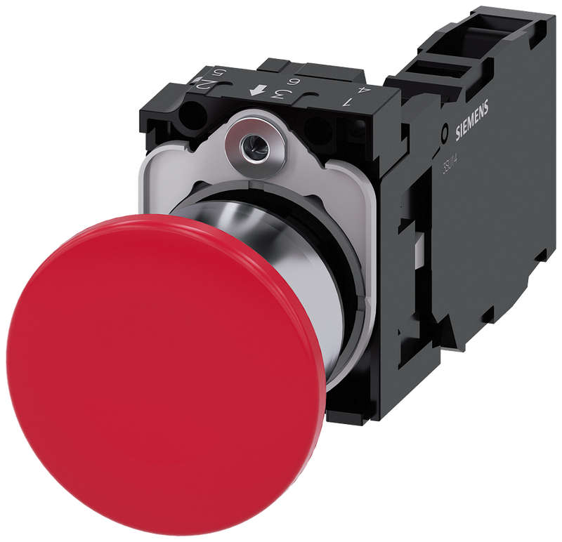 SIEMENS 3SU1150-1BA20-1FA0 Mushroom pushbutton, 22 mm, round, metal, high gloss, red, 1 NO + 1 NC