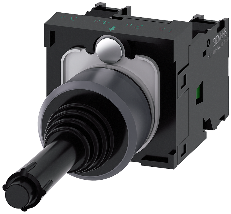 Siemens 3SU1130-7BC10-1NA0 Coordinate switch, 22 mm, round, plastic with metal front ring, black, 2 switch positions, horizontal, momentary contact type, with mechanical interlocking in O position, with holder, 1 NO, 1 NO, screw terminal