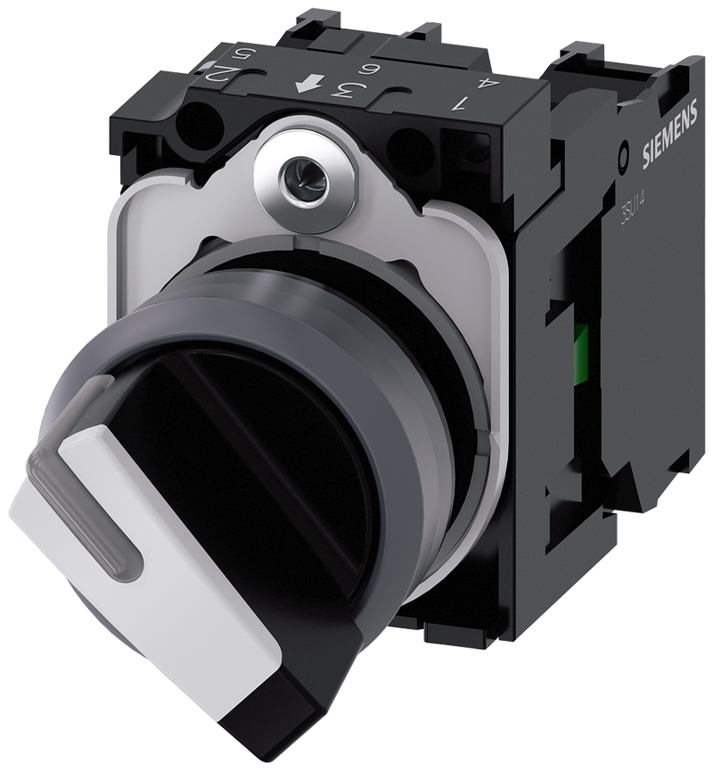 SIEMENS 3SU1130-2BF60-1MA0 Toggle switch, illuminable, 22 mm, round, metal front ring, white, 1 NO+1 NC