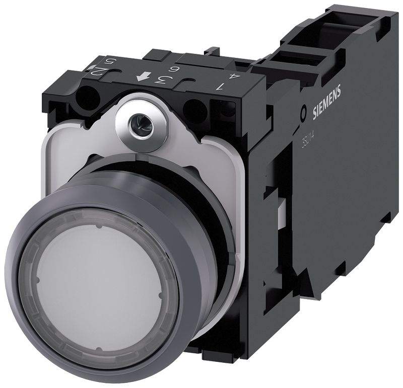 SIEMENS 3SU1132-0AB70-1FA0 Pushbutton illuminated 22 m round metal front ring clear button 1 NO + 1 NC 24 V AC/DC