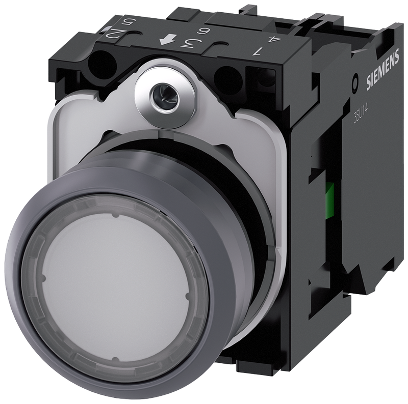 Siemens 3SU1136-0AB70-1BA0 Illuminated pushbutton, 22 mm, round, plastic with metal front ring, clear, pushbutton, flat, momentary contact type, with holder, 1 NO, LED module with integrated LED 230 V AC, screw terminal