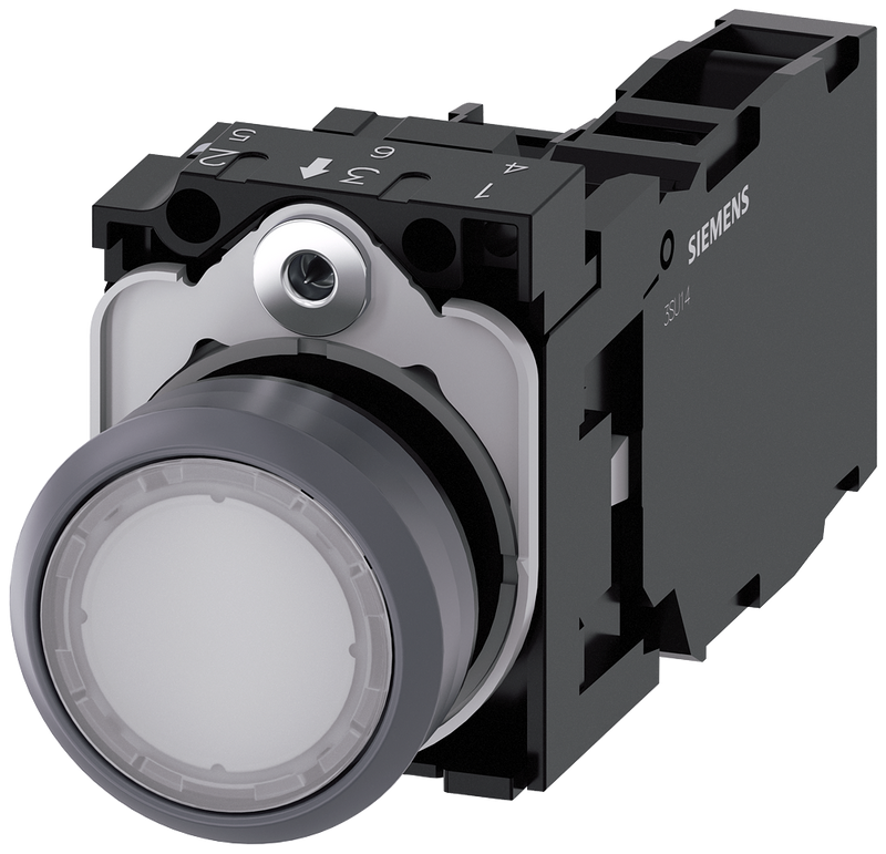 Siemens 3SU1132-0AB60-1FA0 Illuminated pushbutton, 22 mm, round, plastic with metal front ring, white, pushbutton, flat, momentary contact type, with holder, 1 NO+1 NC, LED module with integrated LED 24 V AC/DC, screw terminal