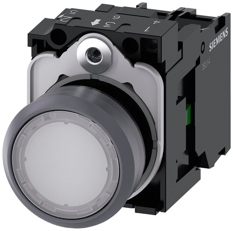 Siemens 3SU1132-0AB60-1BA0 Illuminated pushbutton, 22 mm, round, plastic with metal front ring, white, pushbutton, flat, momentary contact type, with holder, 1 NO, LED module with integrated LED 24 V AC/DC, screw terminal