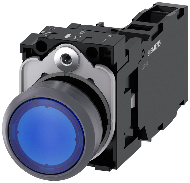 Siemens 3SU1133-0AB50-1FA0 Illuminated pushbutton, 22 mm, round, plastic with metal front ring, blue, pushbutton, flat, momentary contact type, with holder, 1 NO+1 NC, LED module with integrated LED 110 V AC, screw terminal