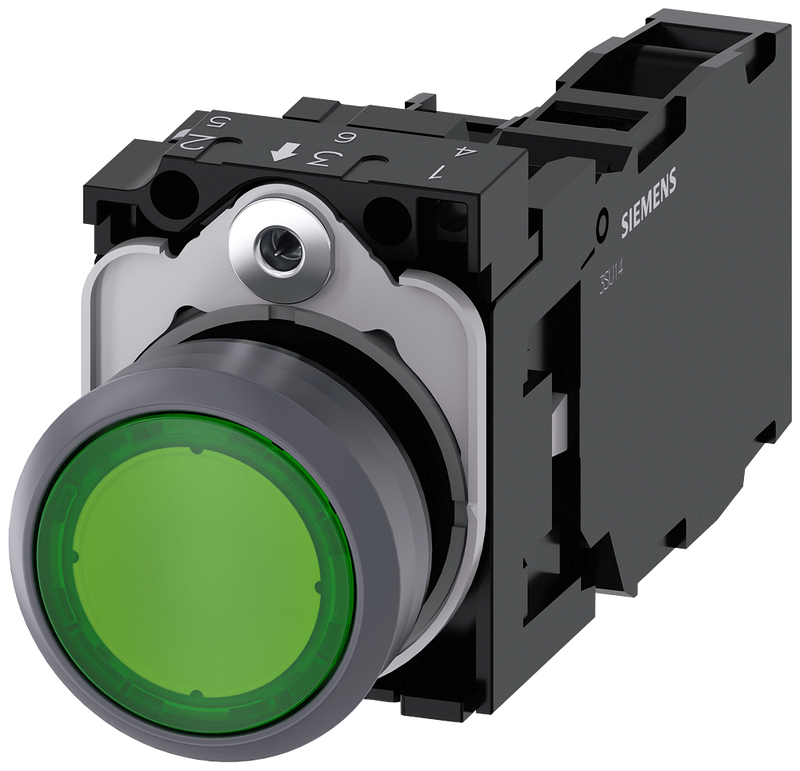 SIEMENS 3SU1132-0AB40-1FA0 Pushbutton illuminated 22 m round metal front ring green button 1 NO + 1 NC 24 V AC/DC