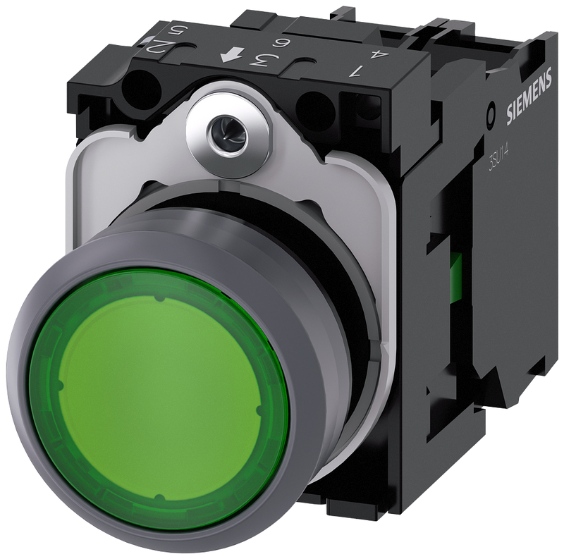 SIEMENS 3SU1133-0AB40-1BA0 Pushbutton, illuminated 22 m round metal front ring green button 1 NO 110 V AC